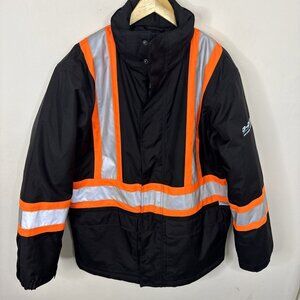 CX2 Men L High Visibility Work Coat Jacket Insulated Black Orange Company Logo